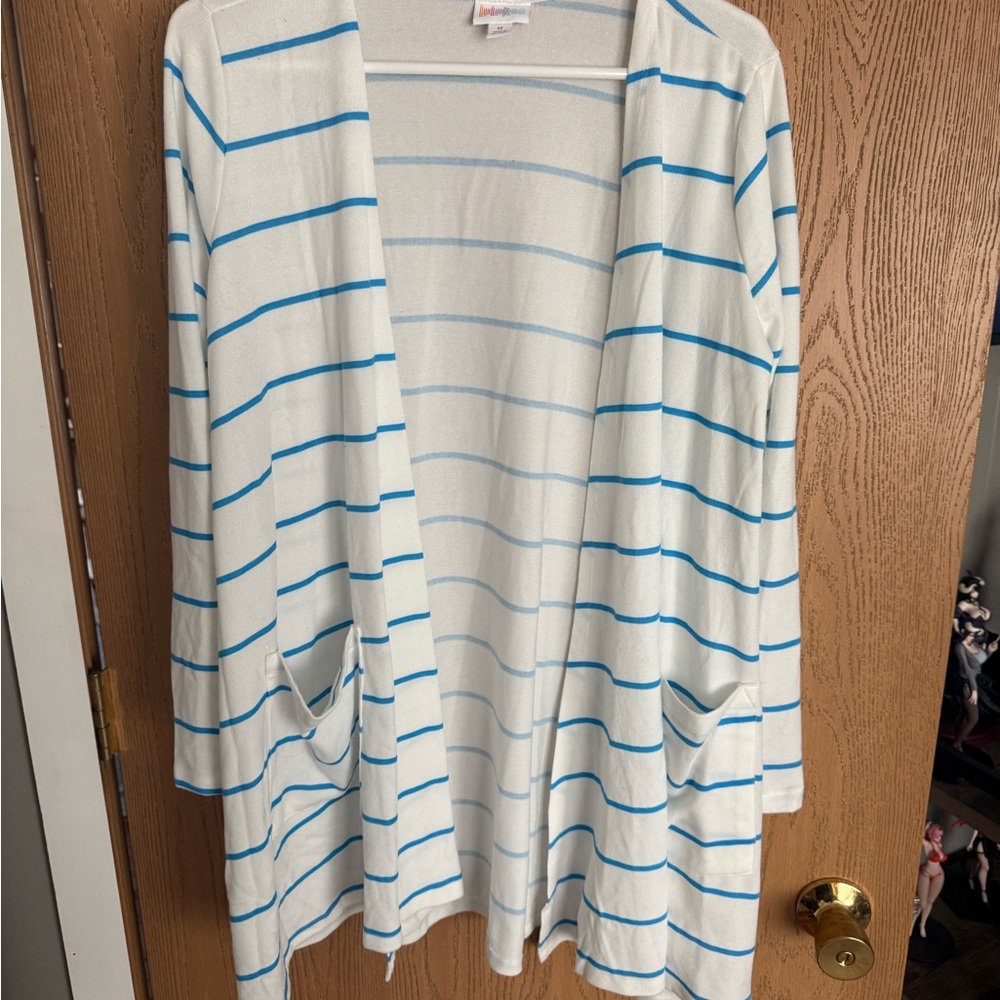 LuLaRoe Women's Cardigan - White and Blue Stripes
